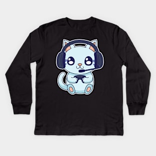 Kawaii Cat Playing Video Games Cute Kitten Lover Kids Long Sleeve T-Shirt